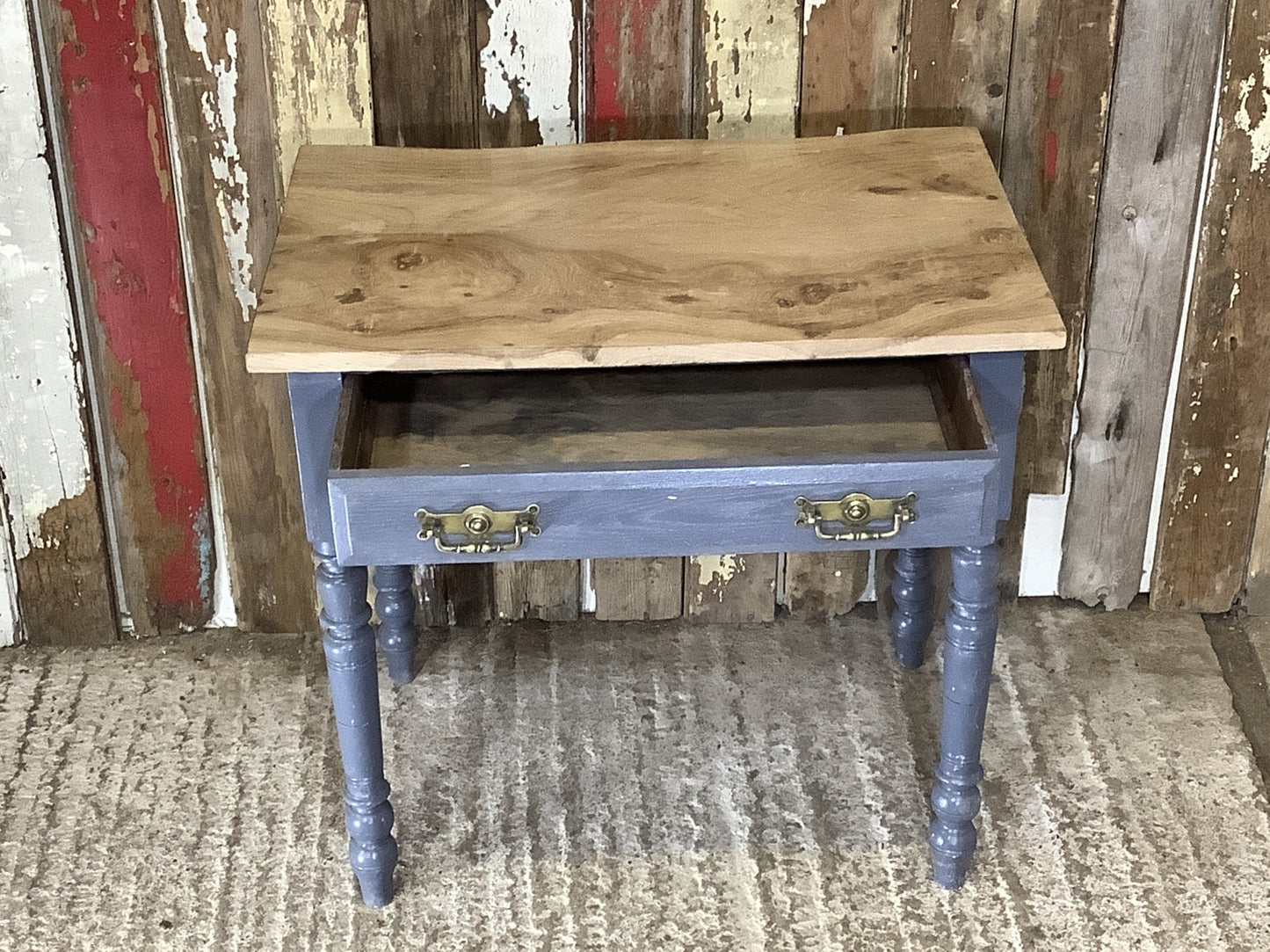 Attractive Short Elm Plank Top Side Table Painted Grey Pine Base with Drawer