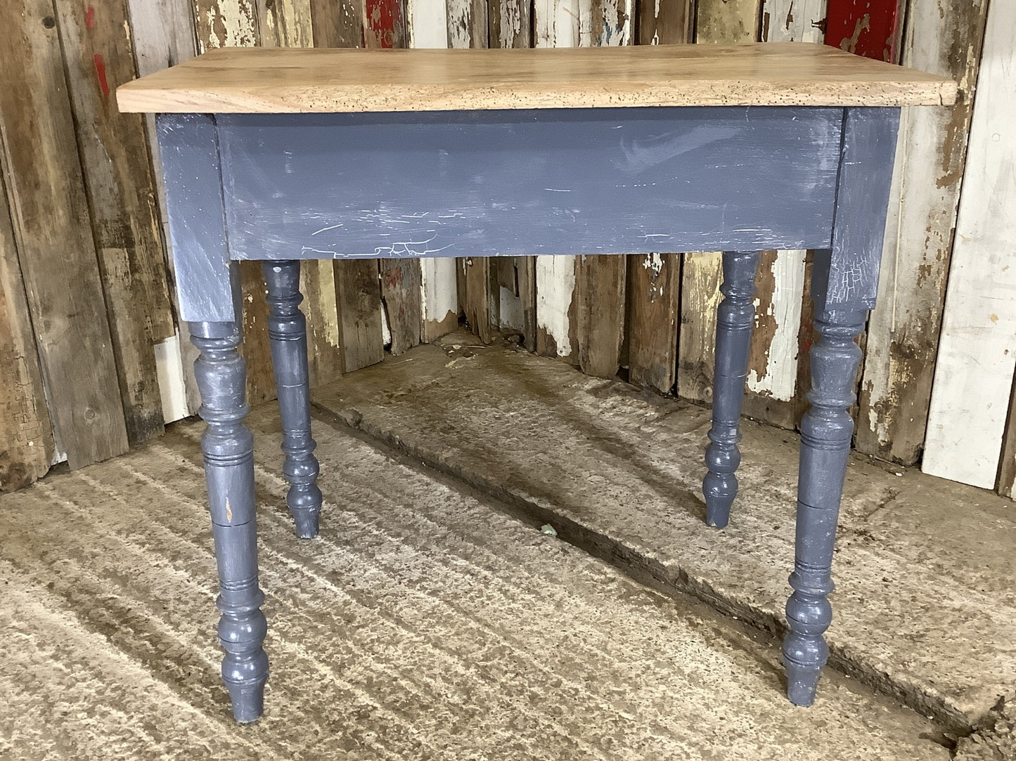 Attractive Short Elm Plank Top Side Table Painted Grey Pine Base with Drawer