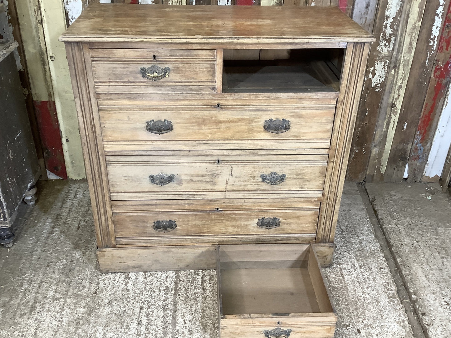 3'3"Hx3'8"W Old Satin Walnut 2 Over 3 Chest of Drawers