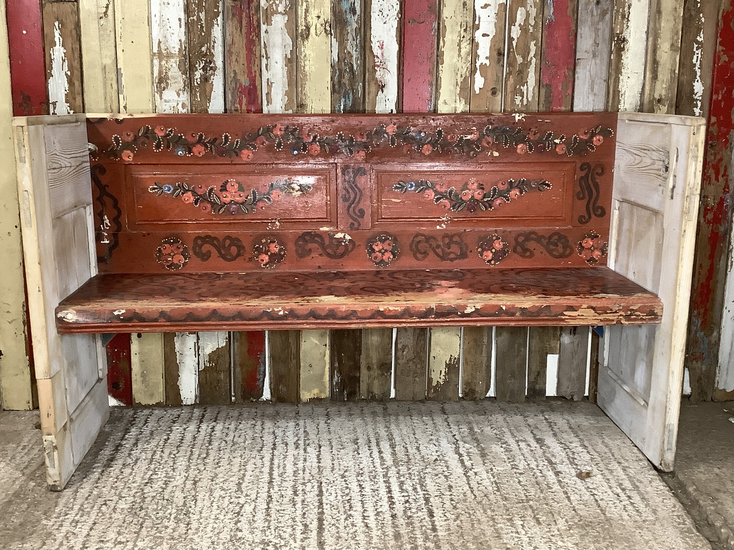 5'8" Old Rustic Hand Painted Pine Settle Pew Wooden