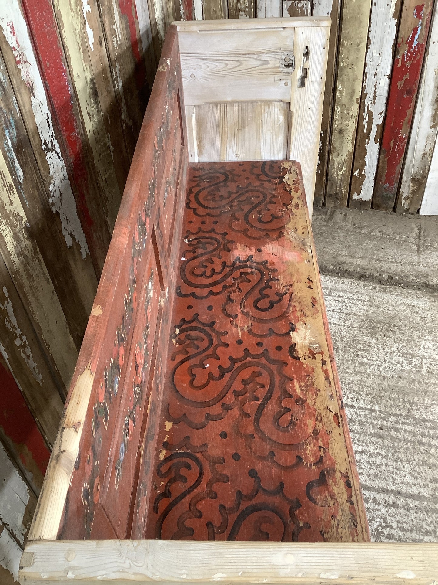 5'8" Old Rustic Hand Painted Pine Settle Pew Wooden