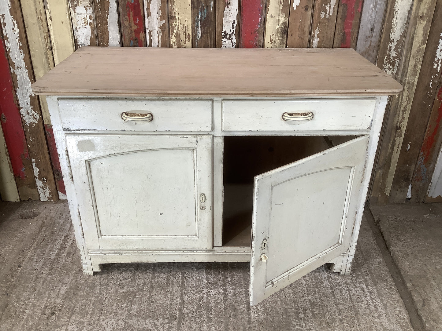 Old Pine Dresser Base Double Door Kitchen Cupboard Two Drawers 2'10"Hx4'2"W