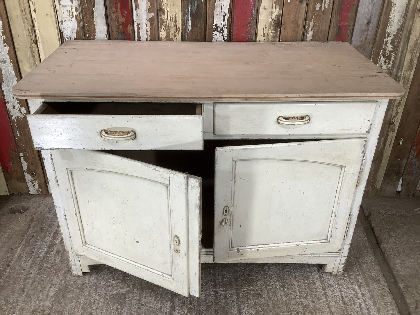 Old Pine Dresser Base Double Door Kitchen Cupboard Two Drawers 2'10"Hx4'2"W
