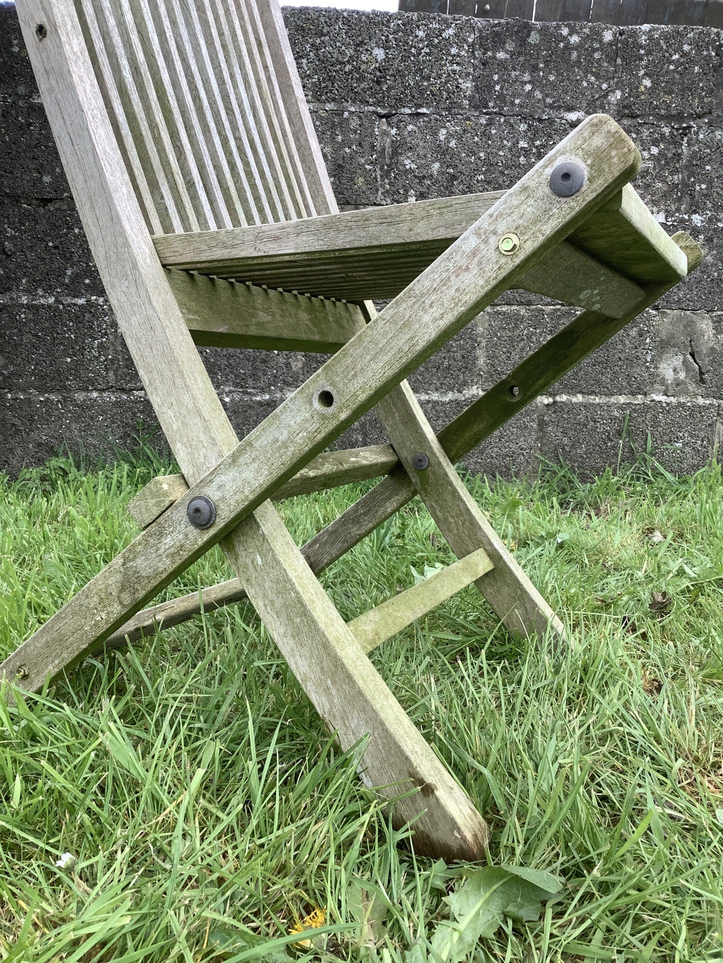 Folding Weathered Solid Teak Garden Single Slated Outside Chair 3'3"H