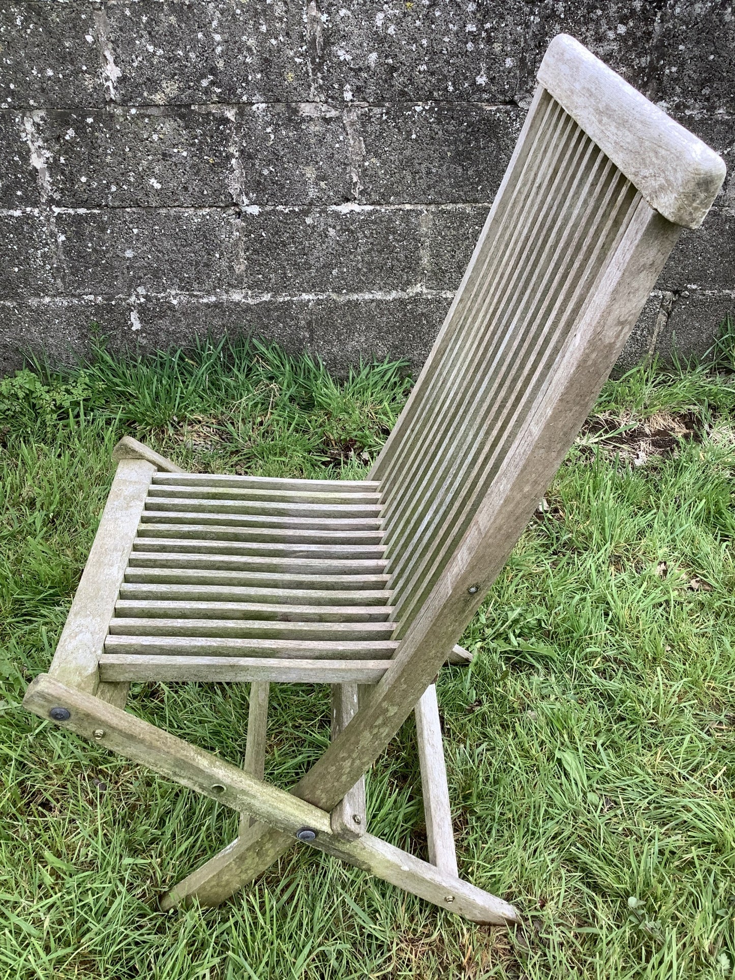 Folding Weathered Solid Teak Garden Single Slated Outside Chair 3'3"H