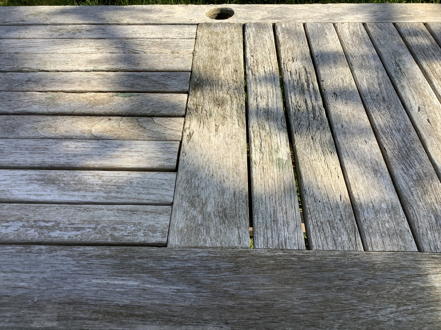 1/2 Old Teak Garden 3 Legged Corner Table Rustic 3'11"L x2'1"W