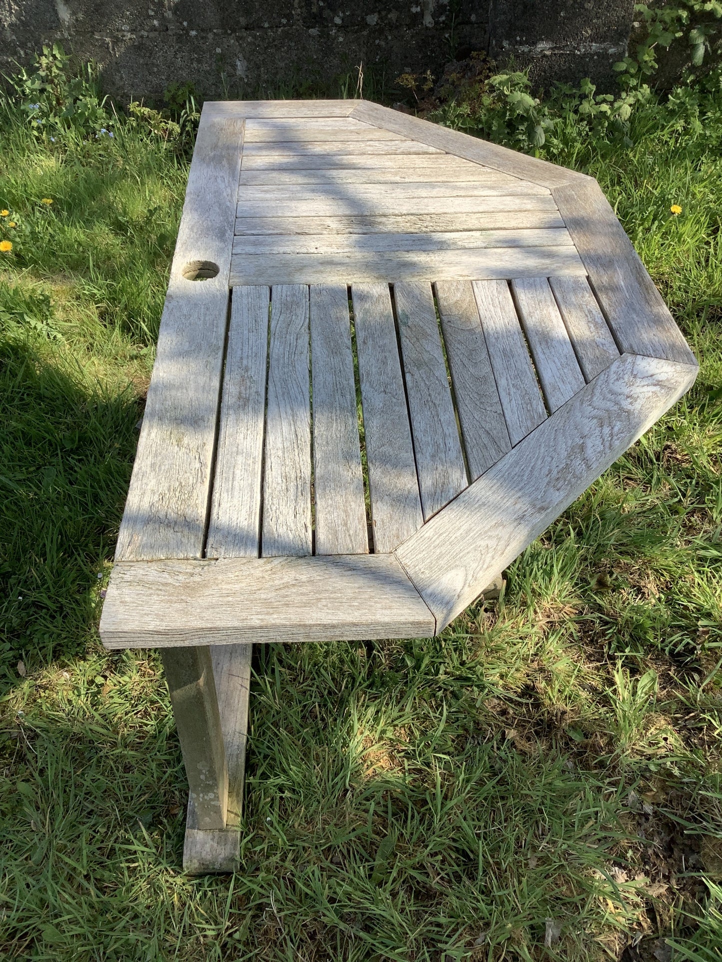 1/2 Old Teak Garden 3 Legged Corner Table Rustic 3'11"L x2'1"W