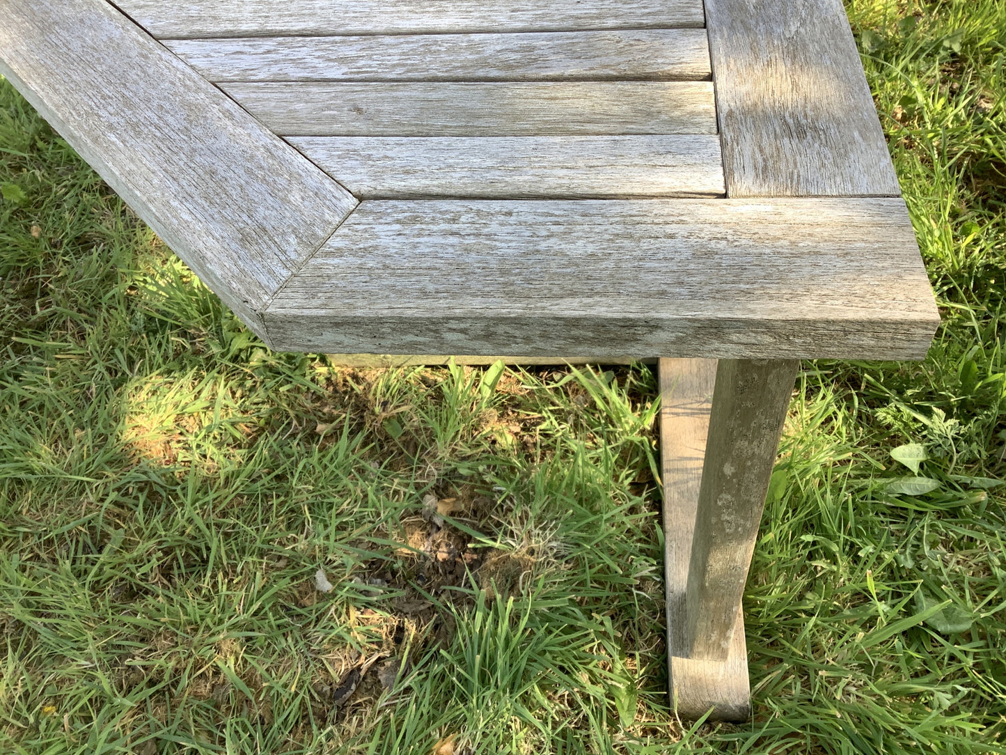 1/2 Old Teak Garden 3 Legged Corner Table Rustic 3'11"L x2'1"W