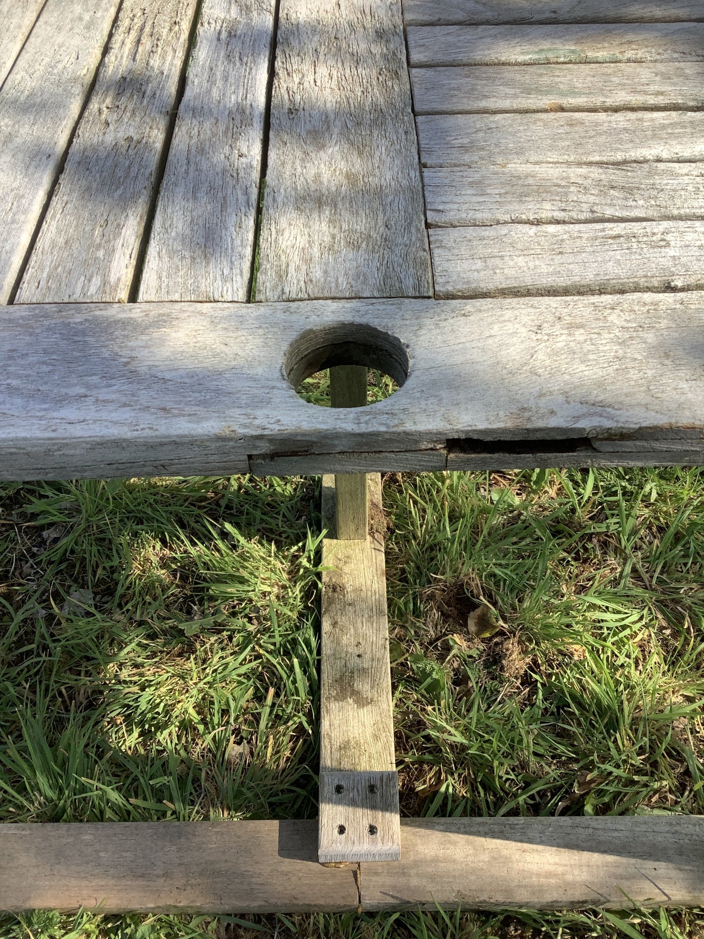 1/2 Old Teak Garden 3 Legged Corner Table Rustic 3'11"L x2'1"W