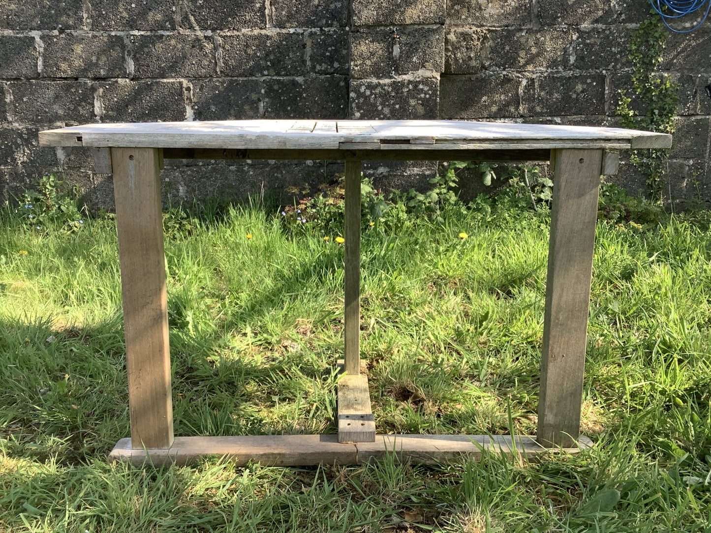 1/2 Old Teak Garden 3 Legged Corner Table Rustic 3'11"L x2'1"W