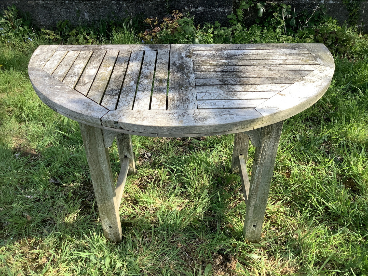 1/2 Round Old Teak Garden 4 Legged Corner Table Rustic 3'11"L x2'0"W