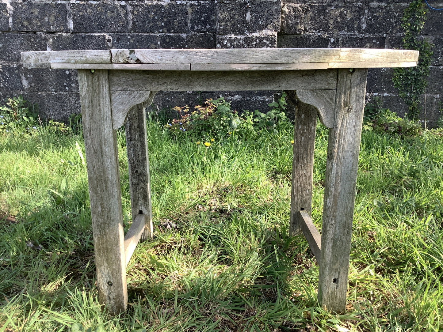1/2 Round Old Teak Garden 4 Legged Corner Table Rustic 3'11"L x2'0"W
