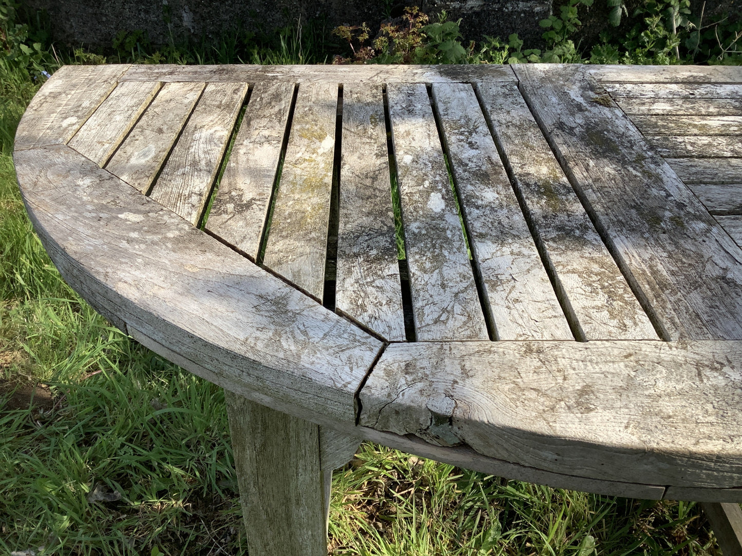 1/2 Round Old Teak Garden 4 Legged Corner Table Rustic 3'11"L x2'0"W