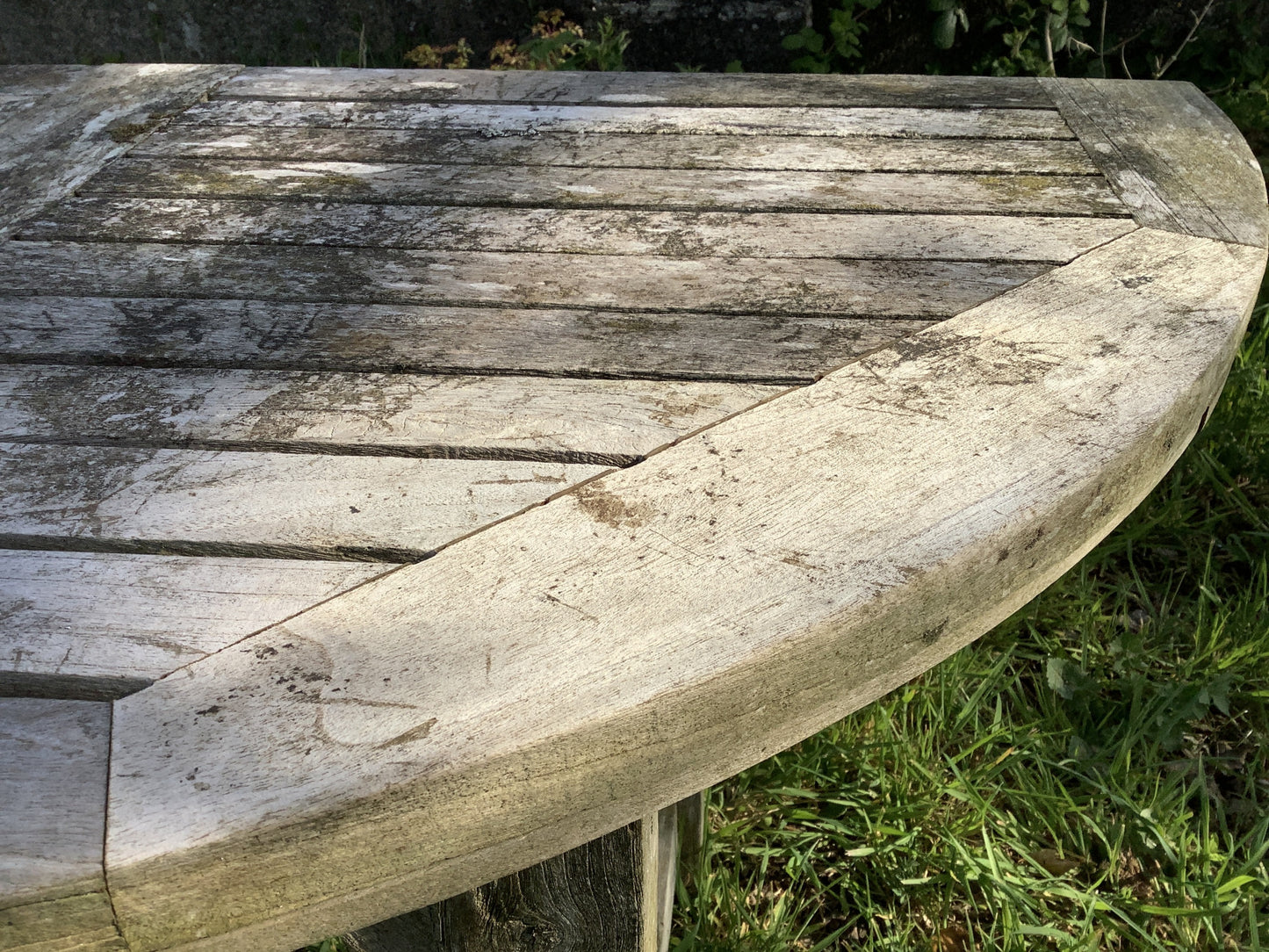 1/2 Round Old Teak Garden 4 Legged Corner Table Rustic 3'11"L x2'0"W