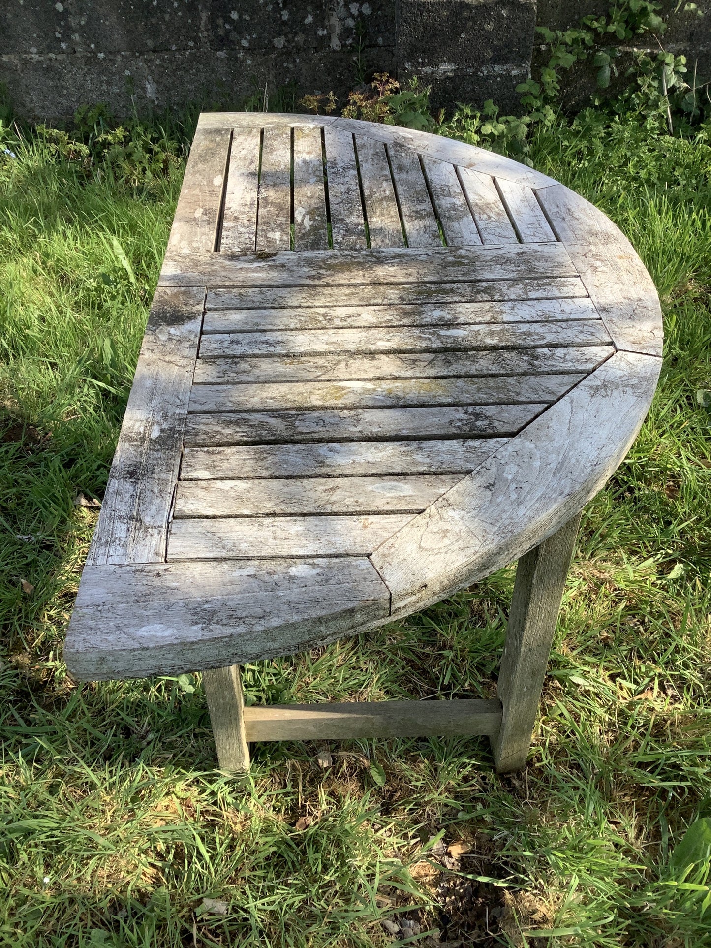 1/2 Round Old Teak Garden 4 Legged Corner Table Rustic 3'11"L x2'0"W