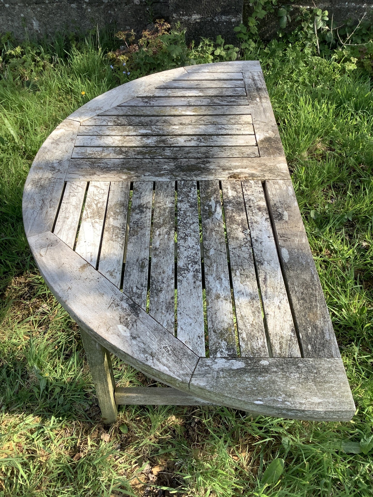 1/2 Round Old Teak Garden 4 Legged Corner Table Rustic 3'11"L x2'0"W