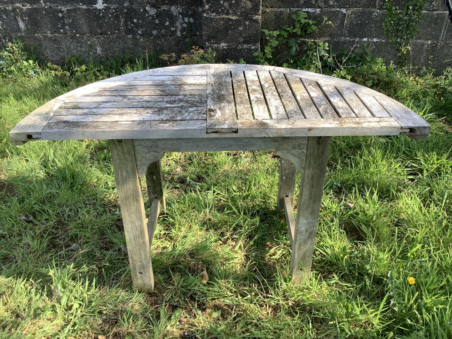 1/2 Round Old Teak Garden 4 Legged Corner Table Rustic 3'11"L x2'0"W