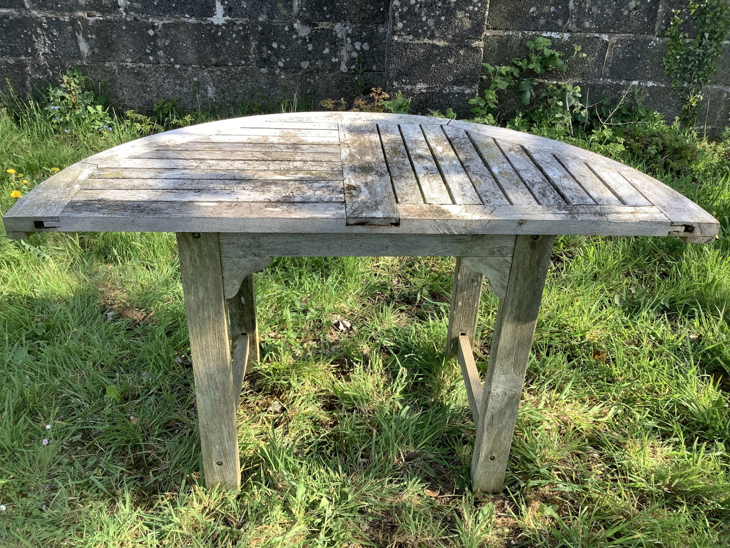 1/2 Round Old Teak Garden 4 Legged Corner Table Rustic 3'11"L x2'0"W