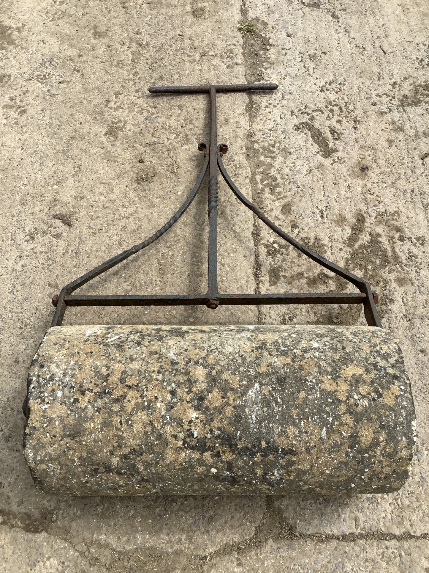 Victorian Heavy Stone Garden Lawn Roller With Wrought Iron Handle 4'3"H 2'6"x W