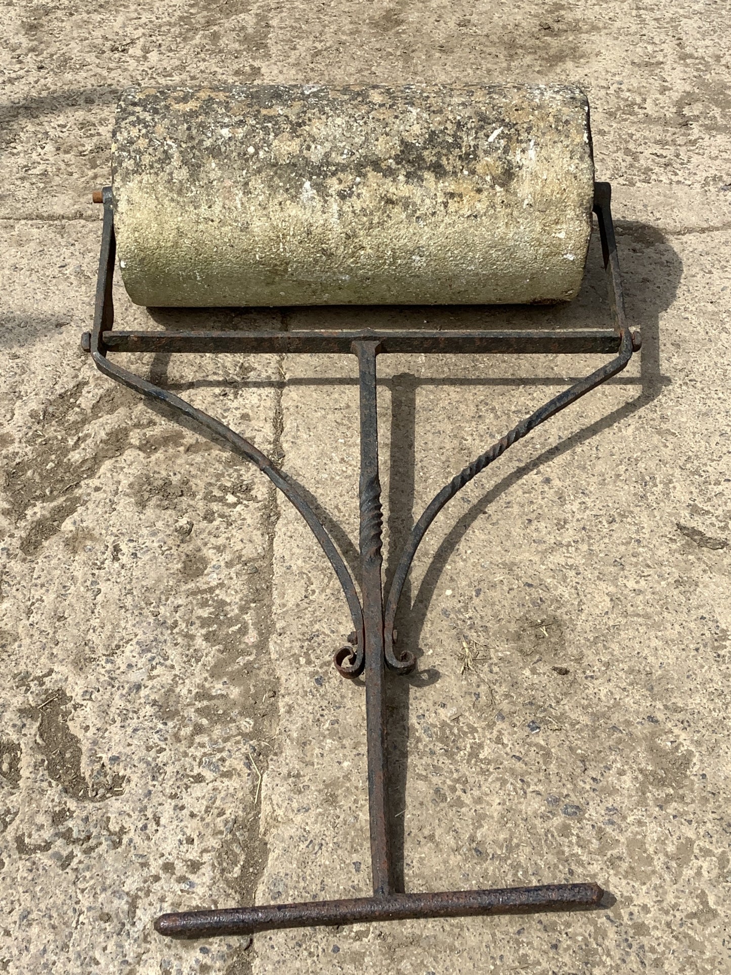 Victorian Heavy Stone Garden Lawn Roller With Wrought Iron Handle 4'3"H 2'6"x W