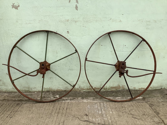 3'10"H Pair of Old Large Metal 6 Spoke Farm Implement Cart Wagon Wheel