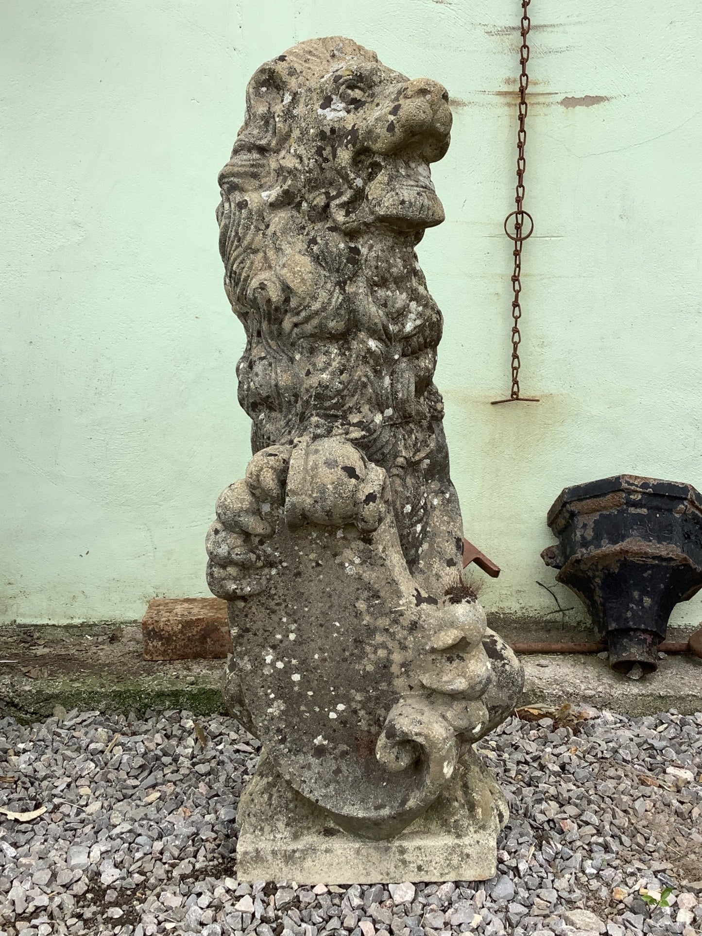 3'3"H 1'2" W Weathered Old Heavy Cast Stone Sitting Lion Statue Garden Feature