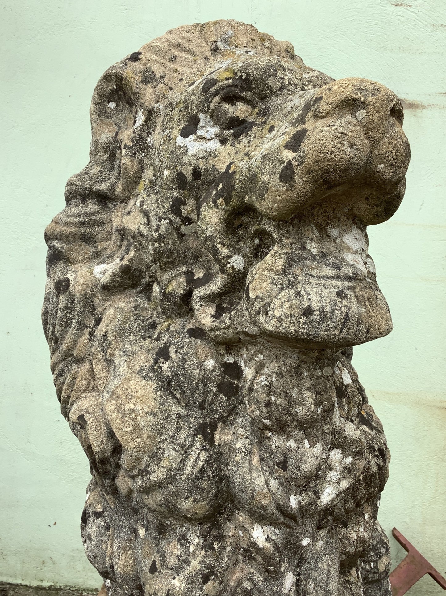 3'3"H 1'2" W Weathered Old Heavy Cast Stone Sitting Lion Statue Garden Feature