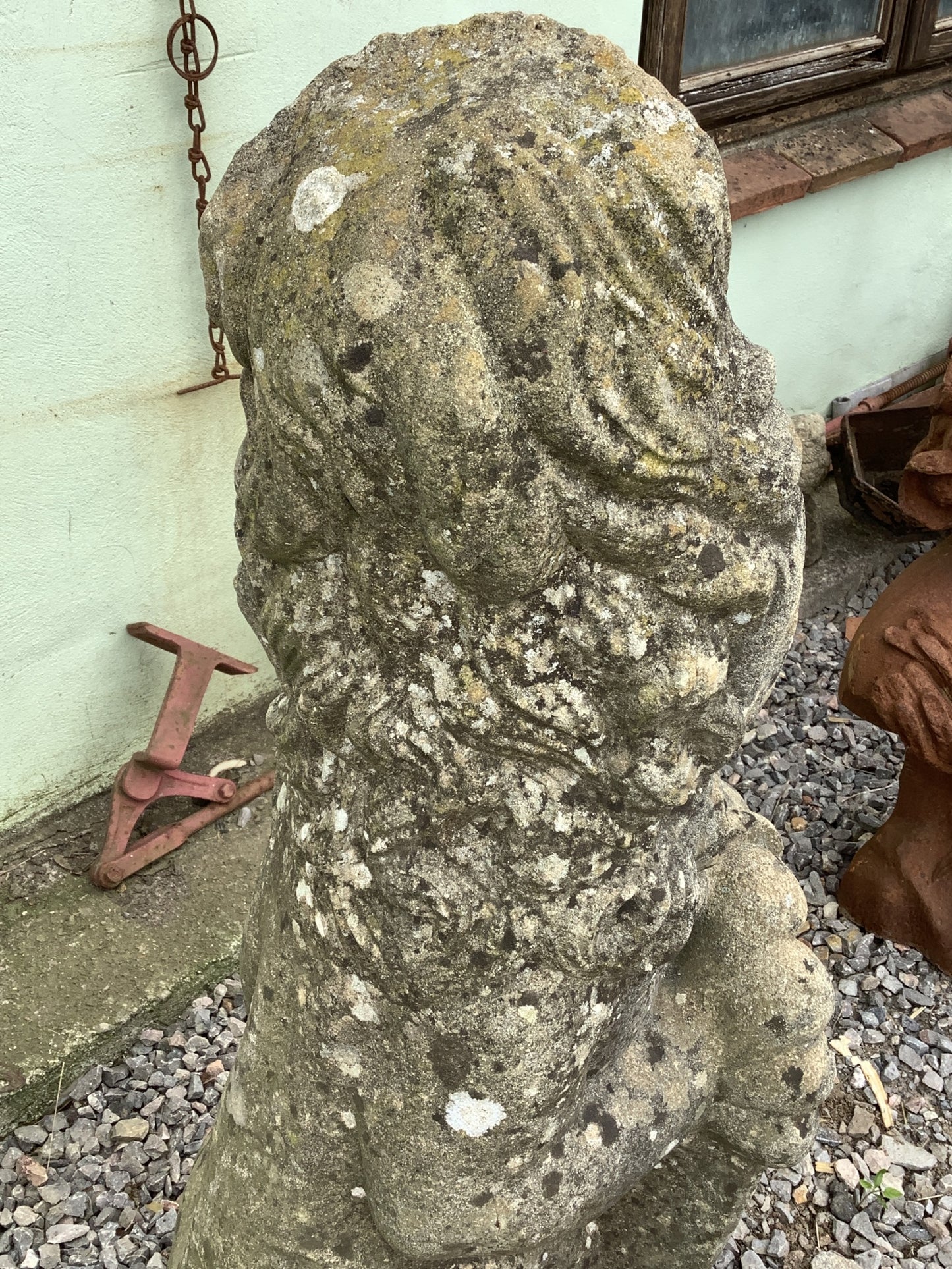 3'3"H 1'2" W Weathered Old Heavy Cast Stone Sitting Lion Statue Garden Feature