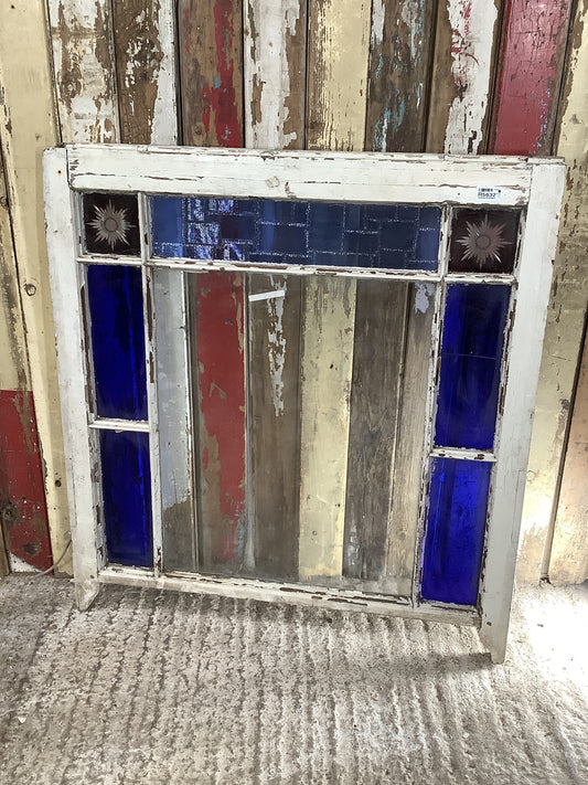 Reclaimed Victorian Pine Sash Window Red Starburst & Old Blue Glass Panes