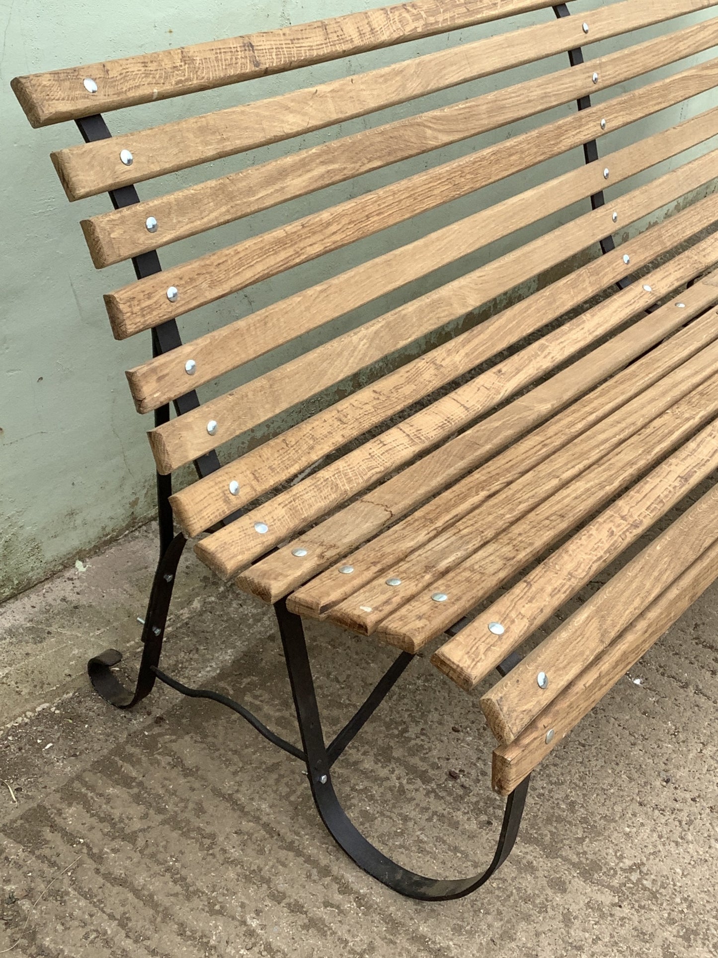 7'11" Long Large Refurbished Victorian Oak & Wrought Iron Garden 4 Seater Bench