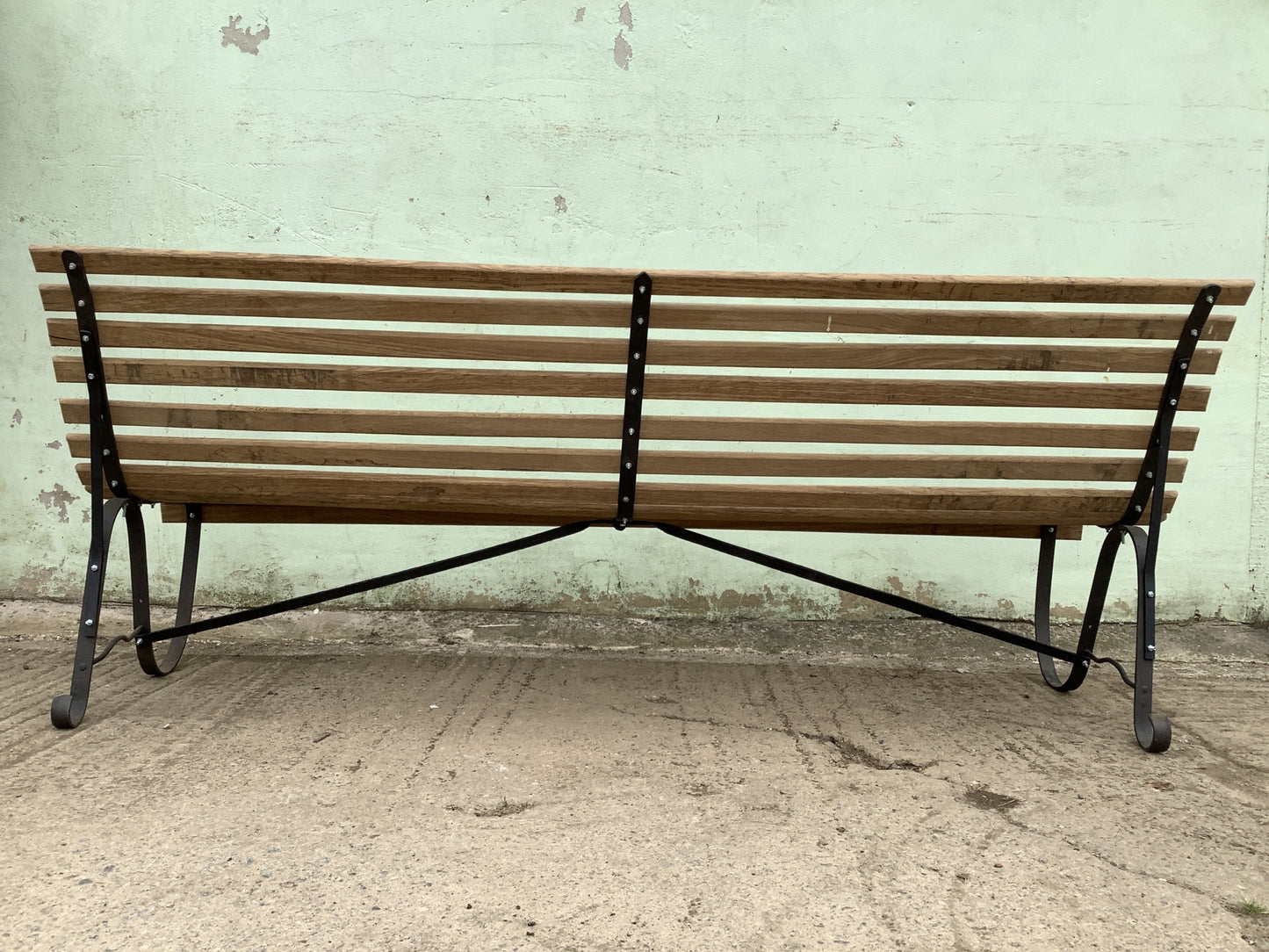 7'11" Long Large Refurbished Victorian Oak & Wrought Iron Garden 4 Seater Bench