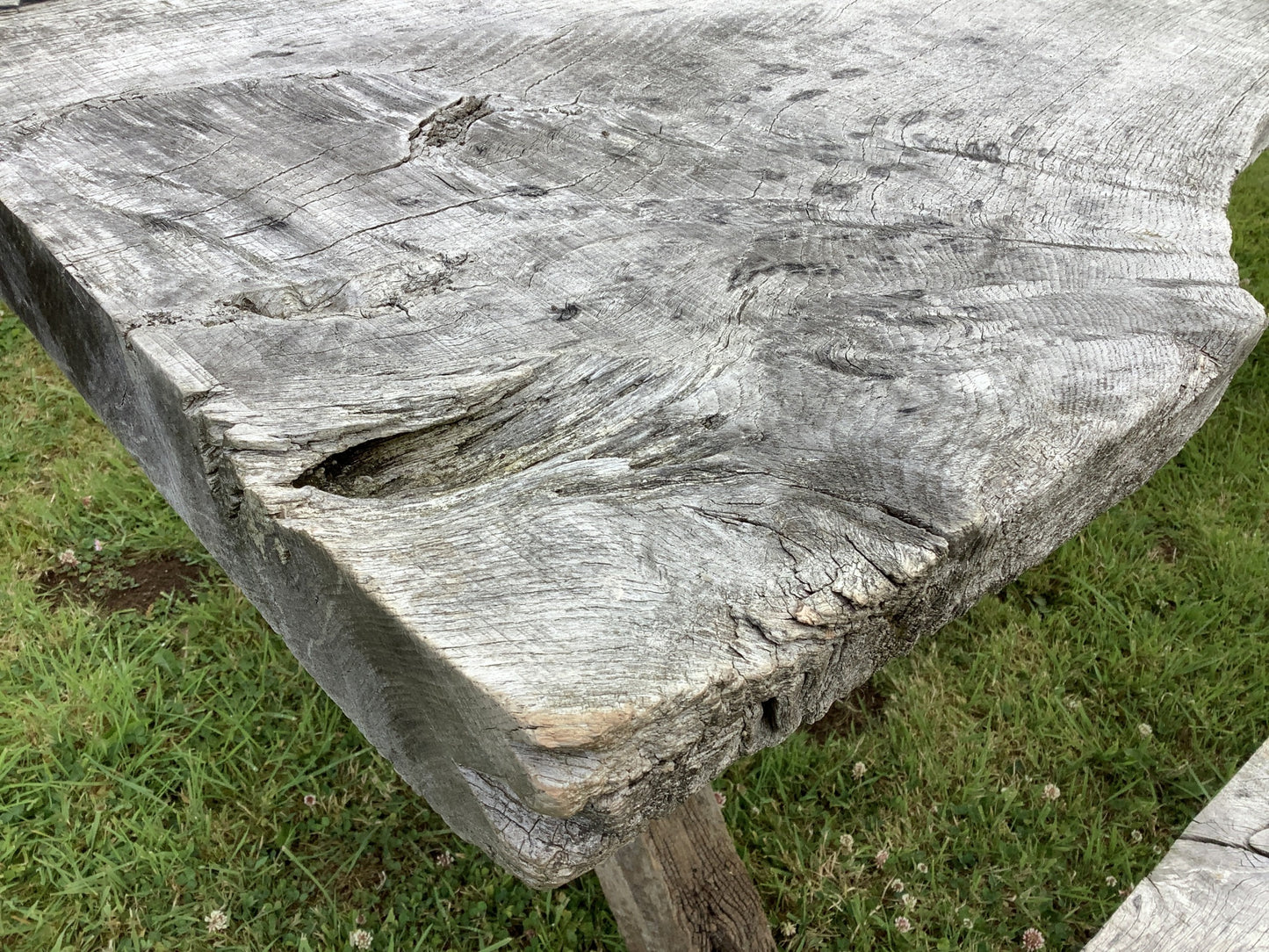 7'4" Long Old Solid Oak Garden Cross legged Table & Backless Bench