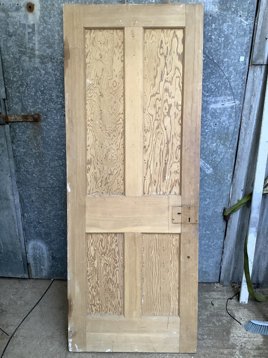 29 5/8"X77 1/4" 1930s Internal Stripped Pitch Pine Four Panel Door 2 over 2