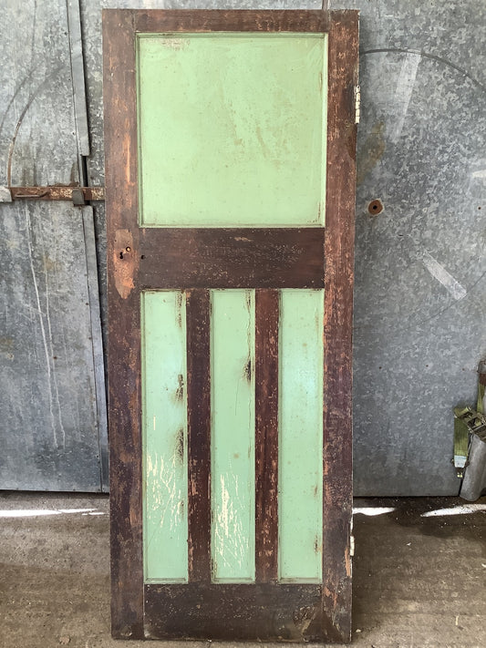 29 1/8"X70 3/4" 1930s Internal Painted Pitch Pine Four Panel Door 1 over 3 Old