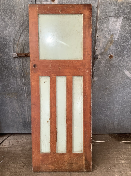 27 7/8"X75 3/4" 1930s Internal Painted Pitch Pine Four Panel Door 1 over 3 Old