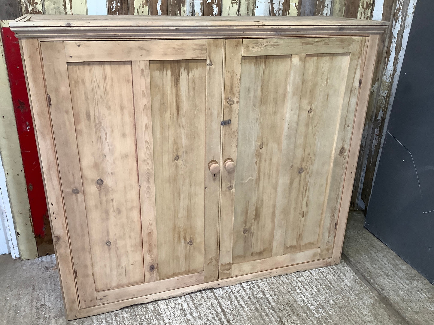 Large Victorian Stripped Pine & Elm Storage Cupboard Wooden 4'11"H 5'8" W