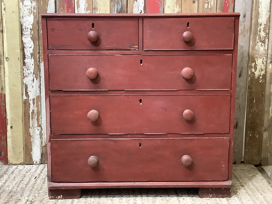 Rustic Victorian Red Pine & Mahogany 2 Over 3 Chest of Drawers 5 Drawers Wooden 3'1"H 3'1" W