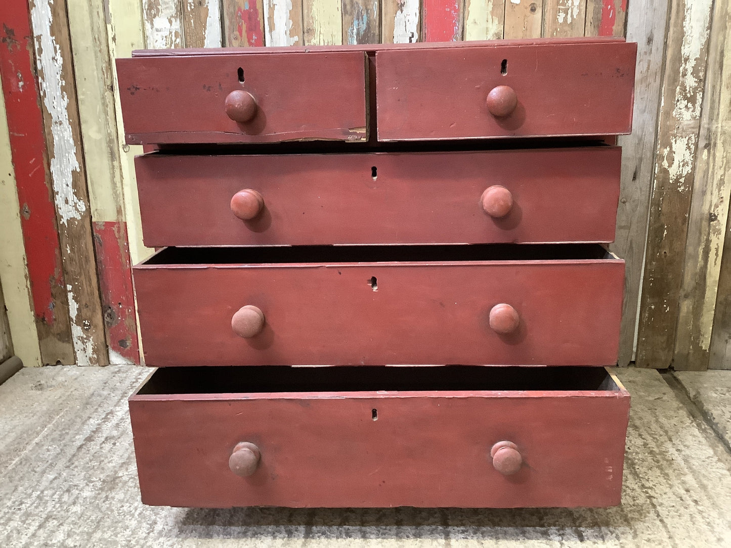 Rustic Victorian Red Pine & Mahogany 2 Over 3 Chest of Drawers 5 Drawers Wooden 3'1"H 3'1" W