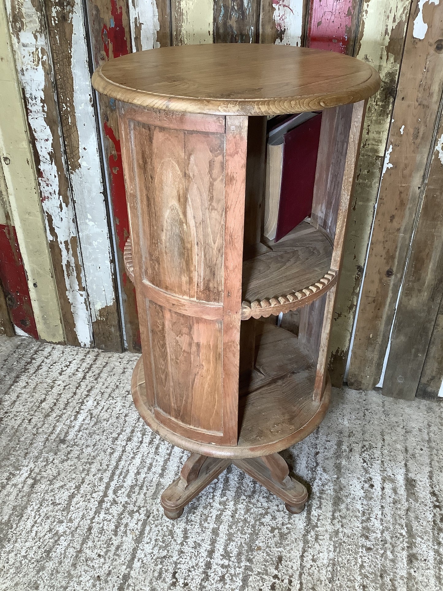 Unusual Circular Old Waxed Elm Bookcase 3 Shelves Wooden "H
