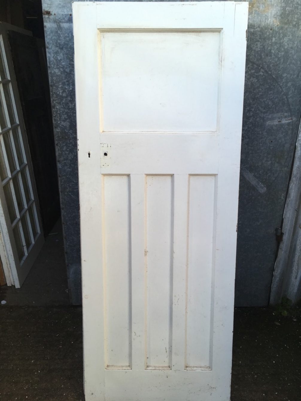 29 7/8"x76 1/2" 1930s Painted Pitch Pine Four Panel 1 Over 3 Internal Door