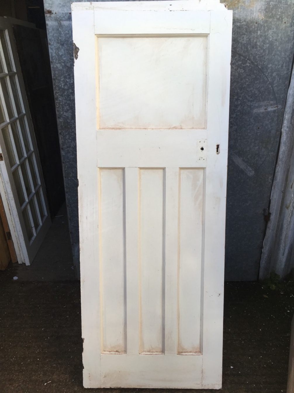 29 7/8"x76 1/2" 1930s Painted Pitch Pine Four Panel 1 Over 3 Internal Door