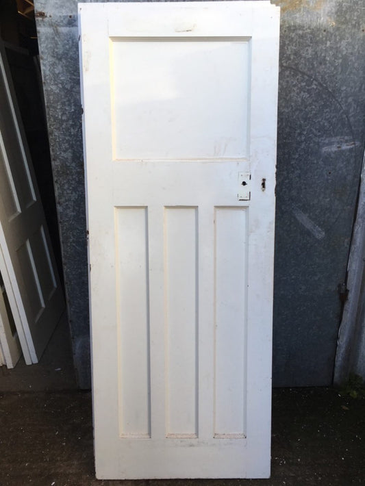30"x76 3/8" Reclaimed 1930s Painted Pitch Pine Four Panel 1 Over 3 Internal Door