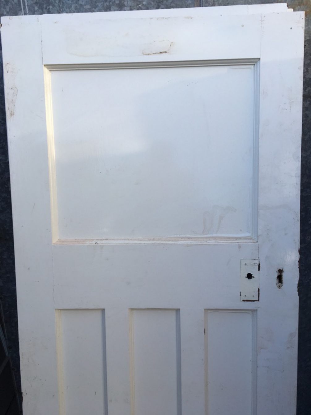 30"x76 3/8" Reclaimed 1930s Painted Pitch Pine Four Panel 1 Over 3 Internal Door