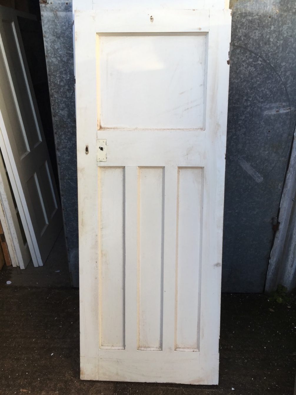 30"x76 3/8" Reclaimed 1930s Painted Pitch Pine Four Panel 1 Over 3 Internal Door