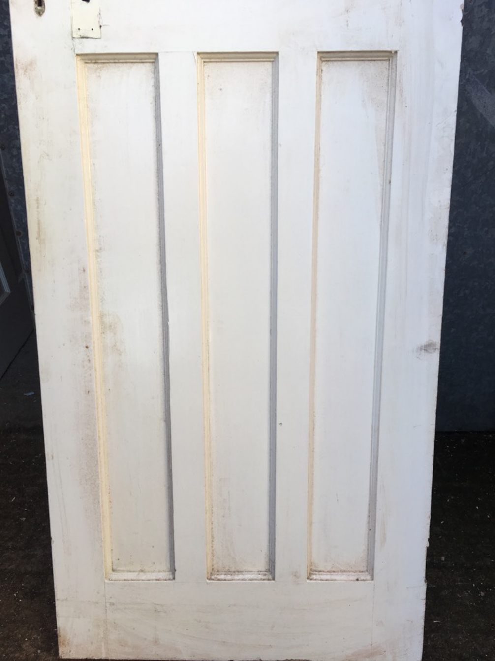 30"x76 3/8" Reclaimed 1930s Painted Pitch Pine Four Panel 1 Over 3 Internal Door