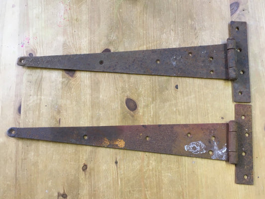 22" Big Long Pair Of Salvaged Old Wrought Iron Heavy Duty T Strap Door Hinges