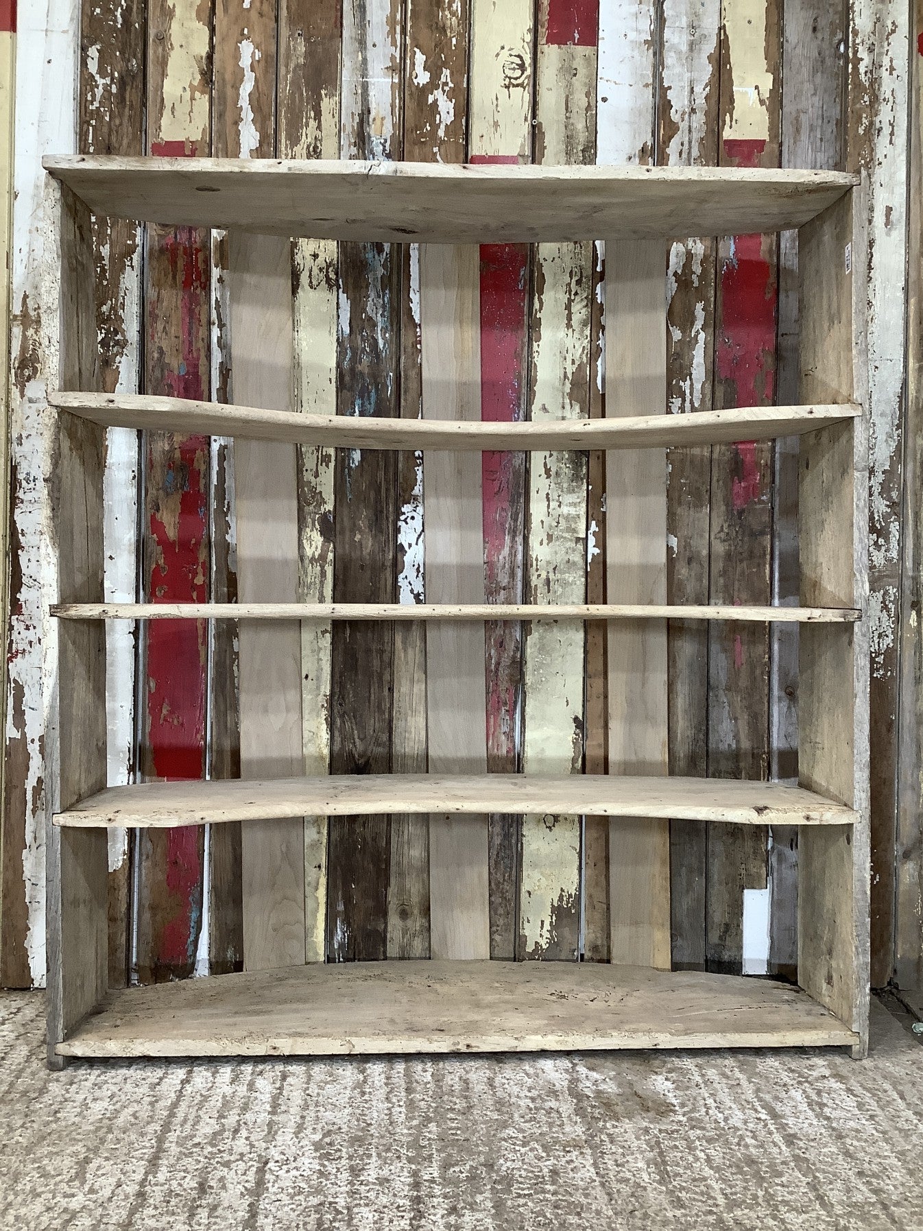Period Rustic Freestanding Old Stripped Oak & 4 Elm Shelves With Curved Back