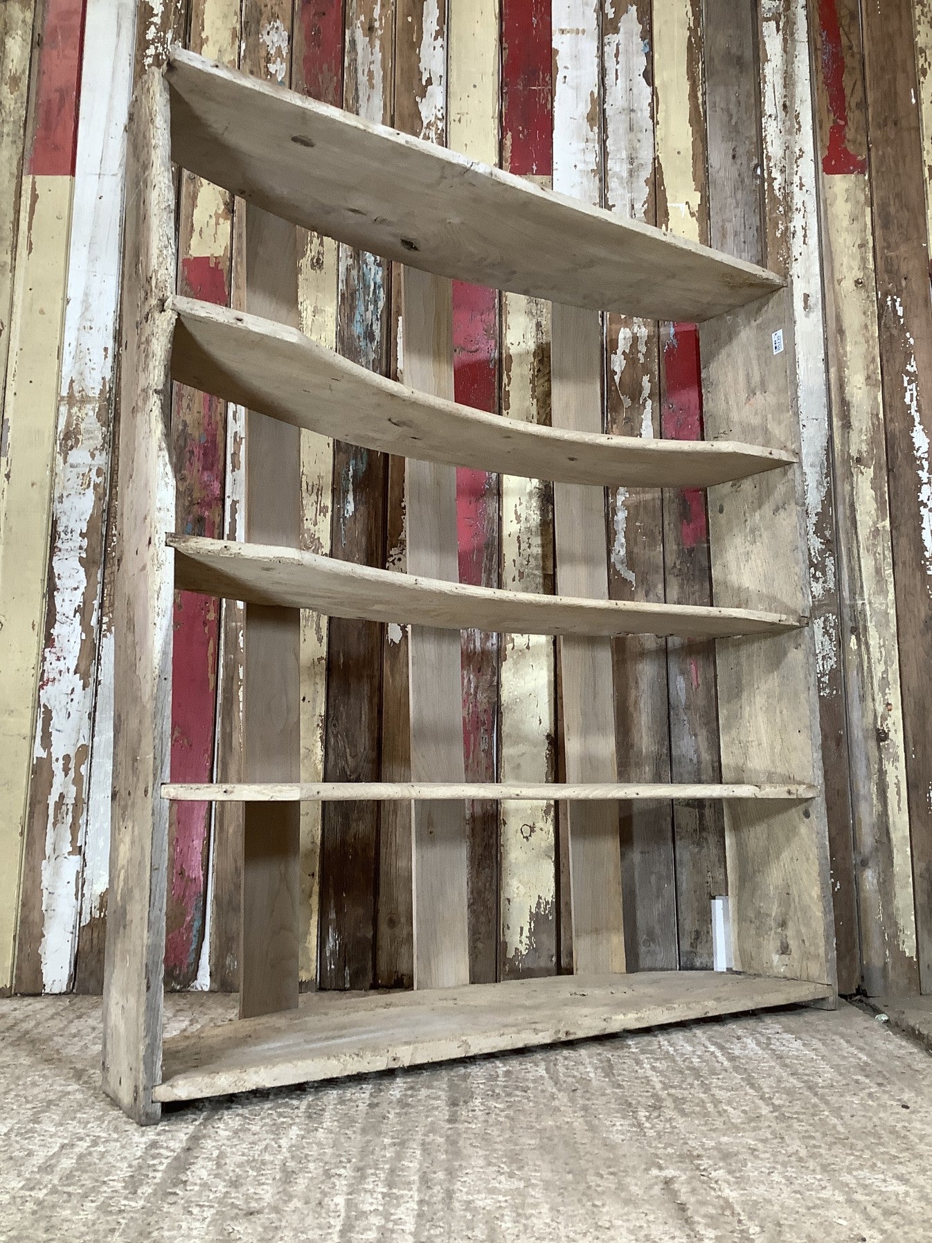 Period Rustic Freestanding Old Stripped Oak & 4 Elm Shelves With Curved Back