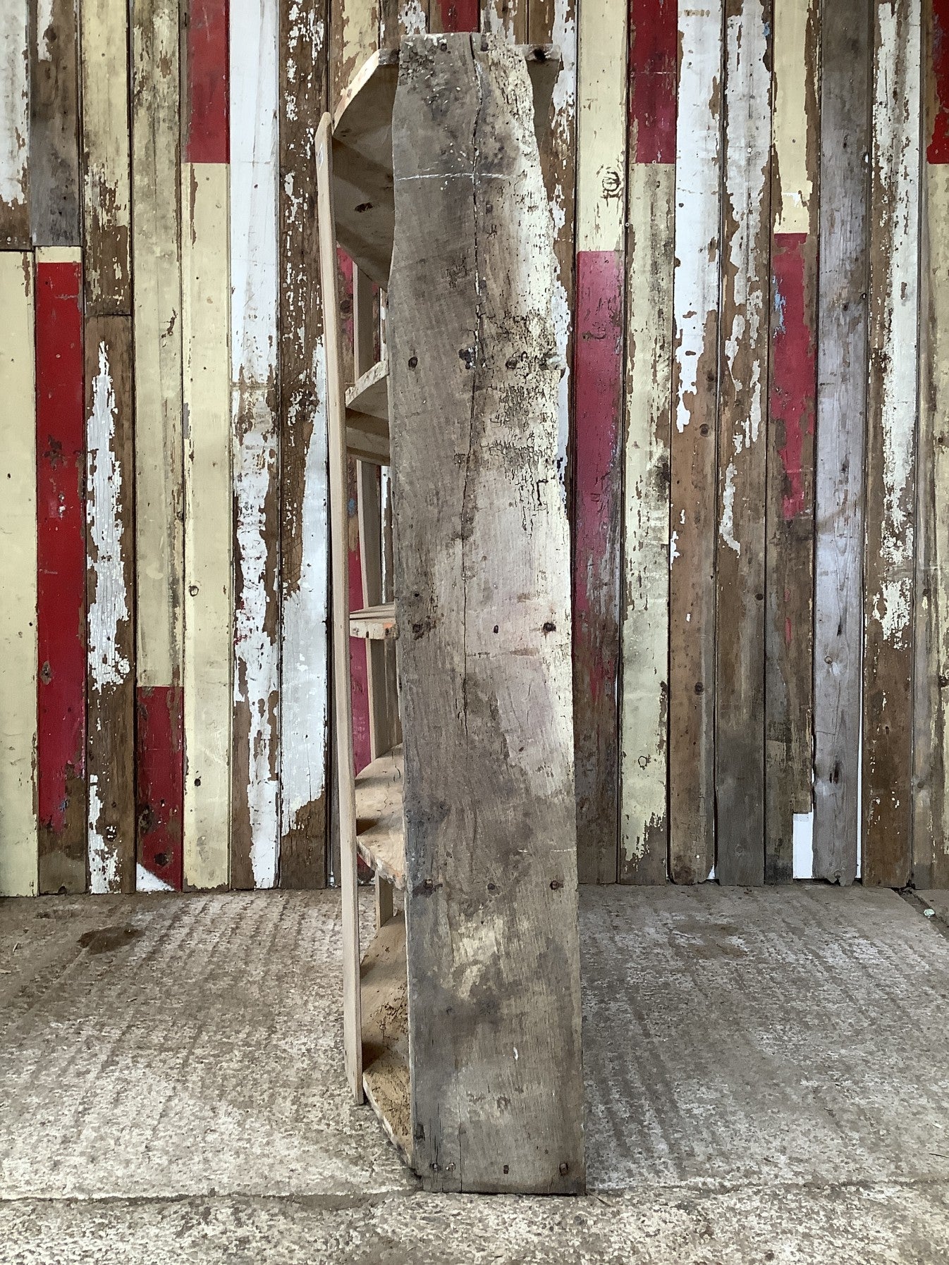 Period Rustic Freestanding Old Stripped Oak & 4 Elm Shelves With Curved Back