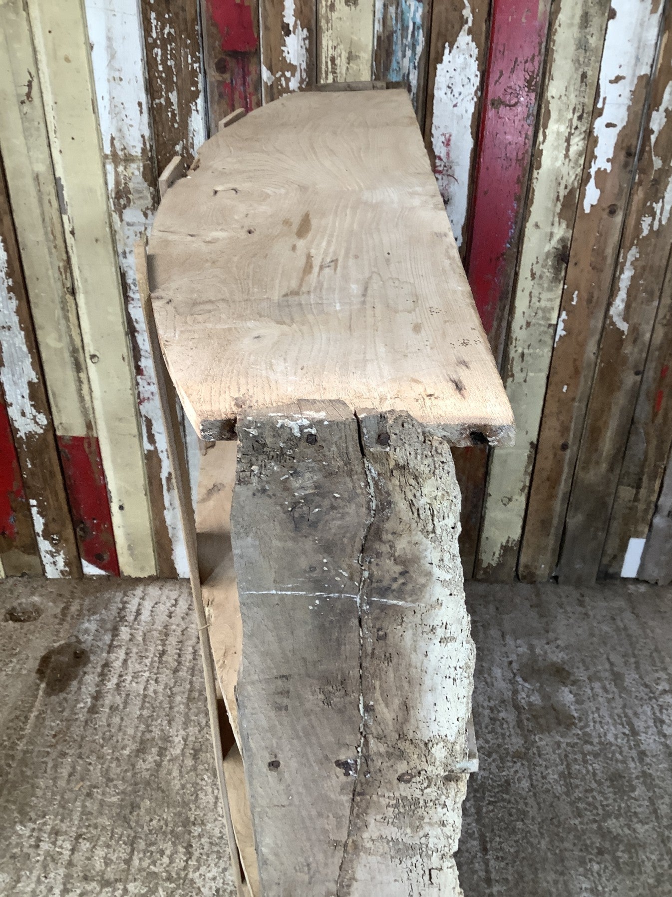 Period Rustic Freestanding Old Stripped Oak & 4 Elm Shelves With Curved Back